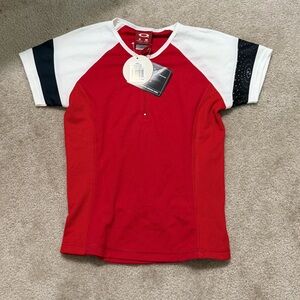 Oakley NWT New Red Short Sleeve Athletic Tee with White & Black Sleeves Cycling